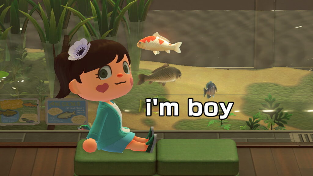 Animal Crossing: New Horizons screenshot of a human villager with a feminine outfit & hairstyle, captioned "i'm boy"